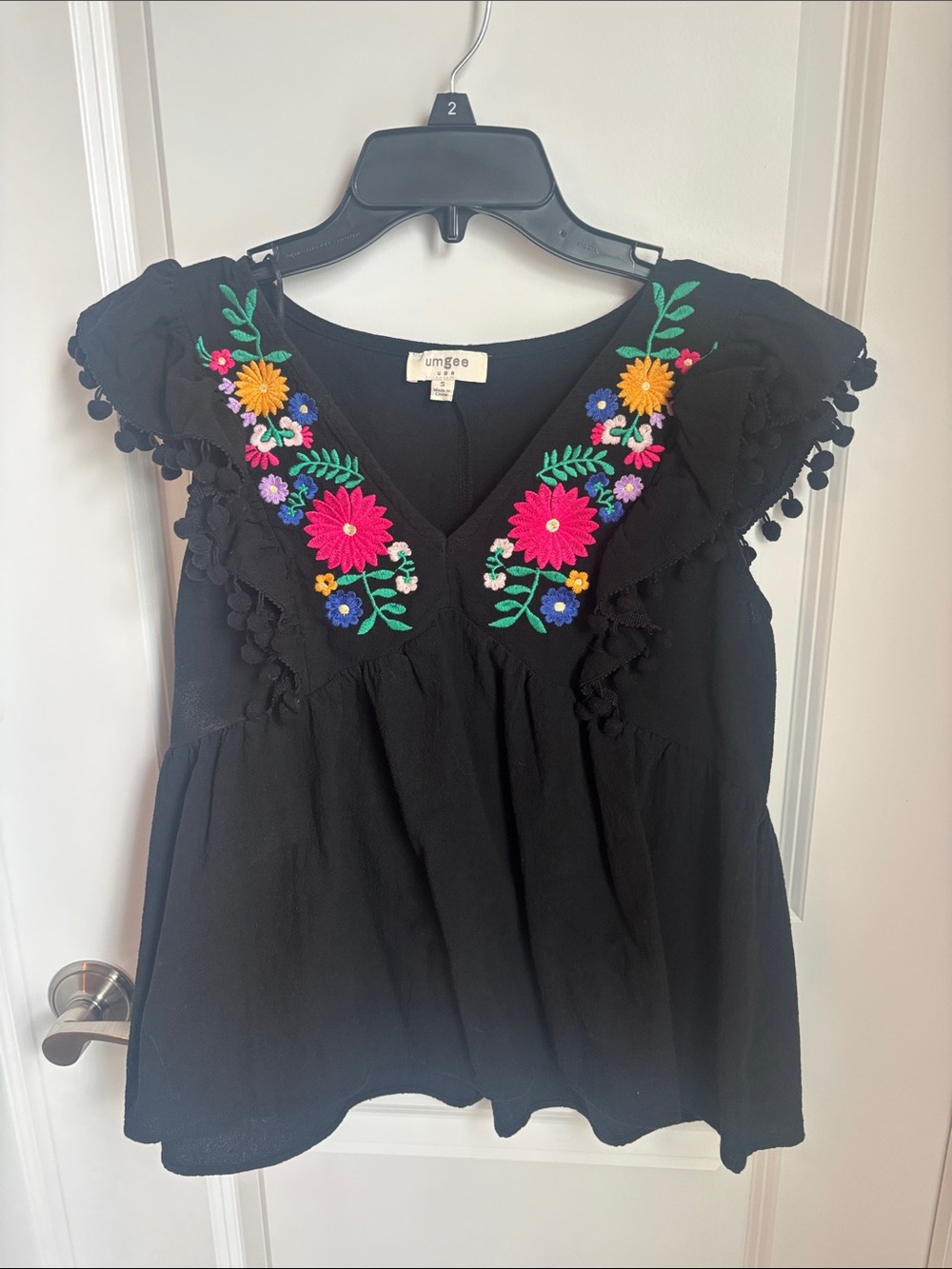 Umgee Black Flutter Sleeve Top with Bright Floral Embroidery